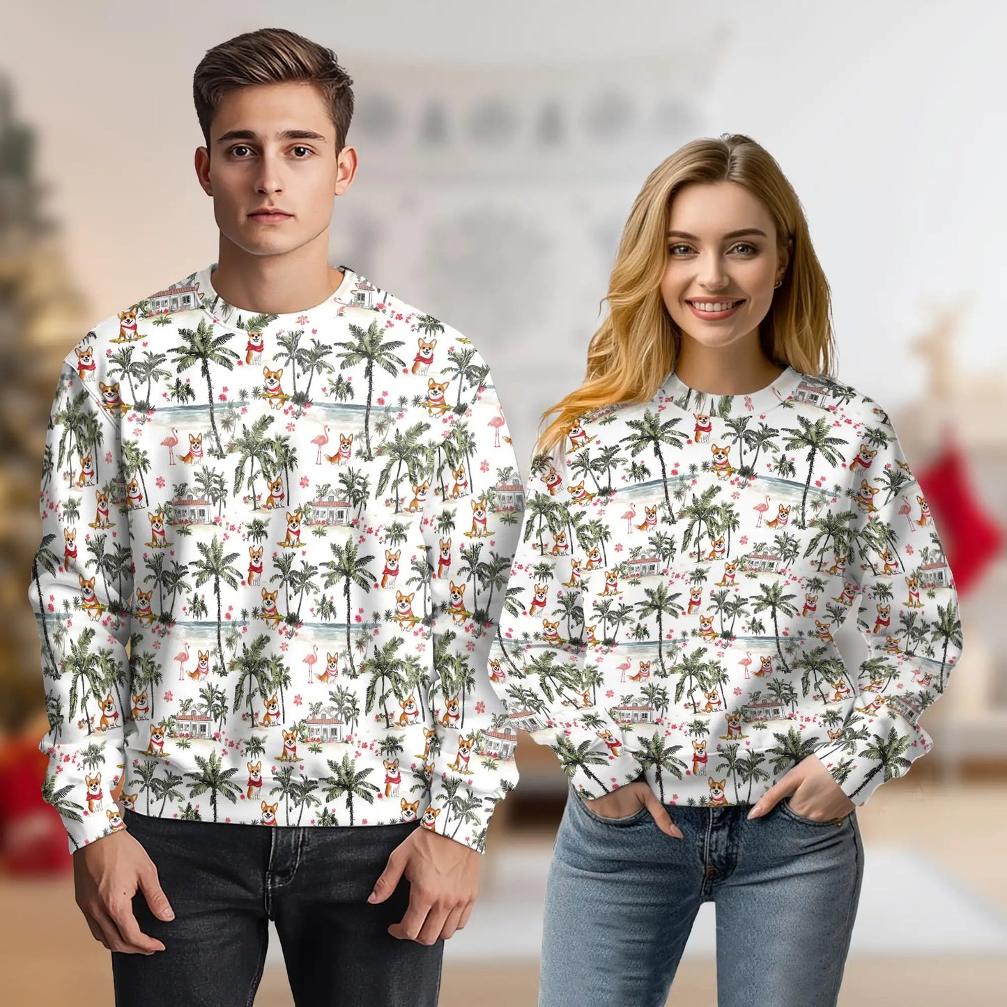 Cute Corgi Palm Trees Tropical Pattern Sweatshirt, 3D All Over Print Beach Dog Crewneck Pullover for Men Women, Corgi Lover Gift - Netecom