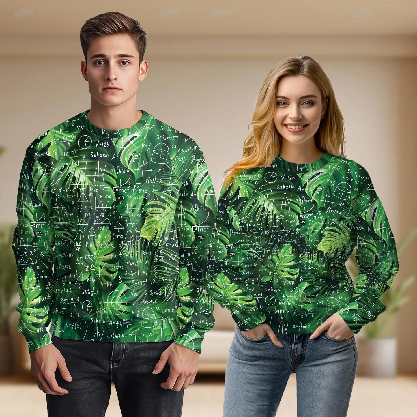Math Formulas Tropical Leaves Sweatshirt, 3D All Over Print Mathematics Nature Crewneck Pullover for Men Women, Math Lover Gift - Netecom