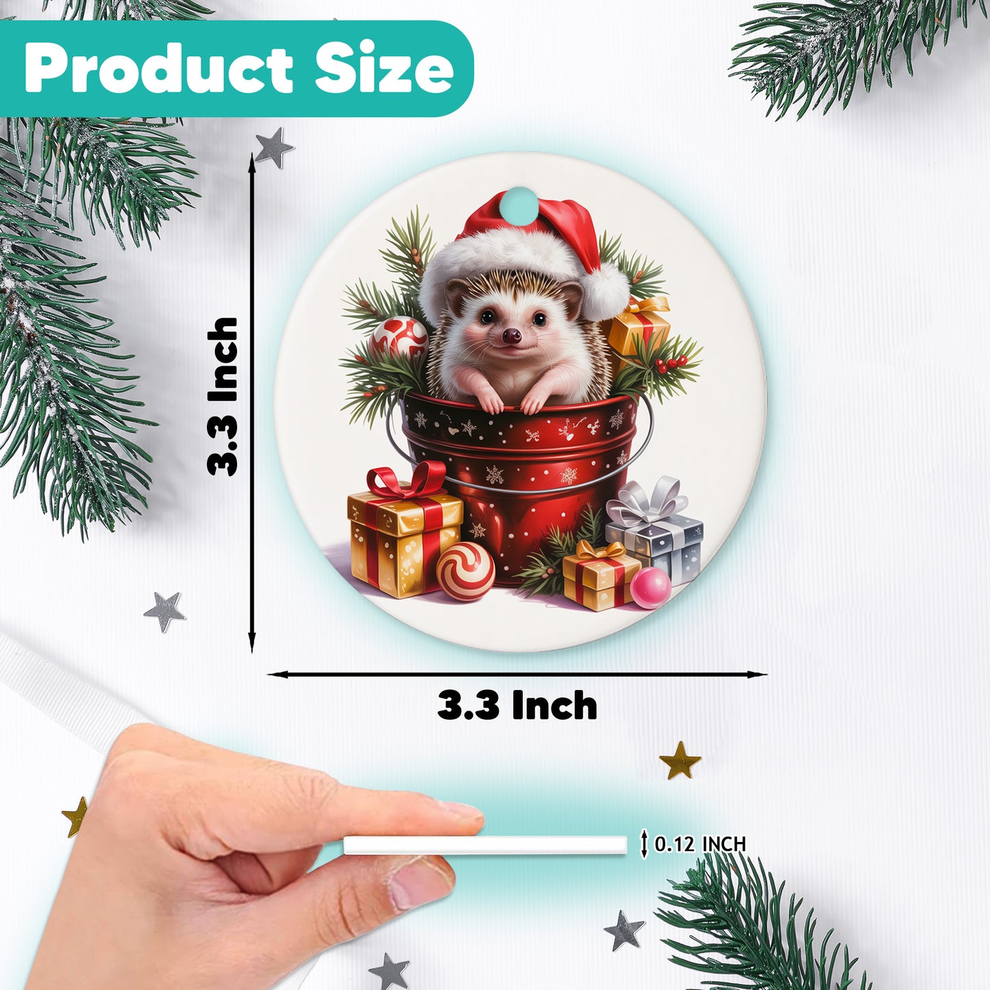 Netecom Baby Hedgehog in Bucket Ornament, Forest Animal with Santa Hat Ceramic Ornament for Christmas Tree Hanging Decorations Gift, Hedgehog Lover Gifts, Home Decor, Holiday Party Present