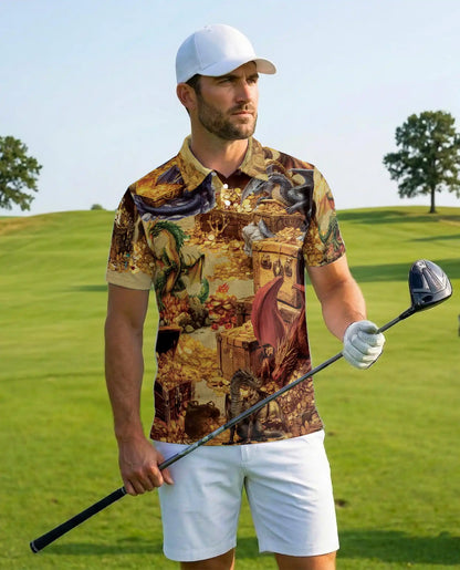Dragon Treasure Hoard Polo Shirt for Men - Medieval Fantasy Gold | Netecom