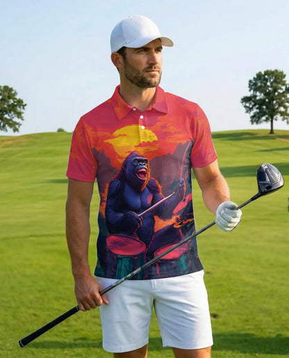 Funny Gorilla Drummer Polo Shirt - Sunset Rock Music Style | Netecom