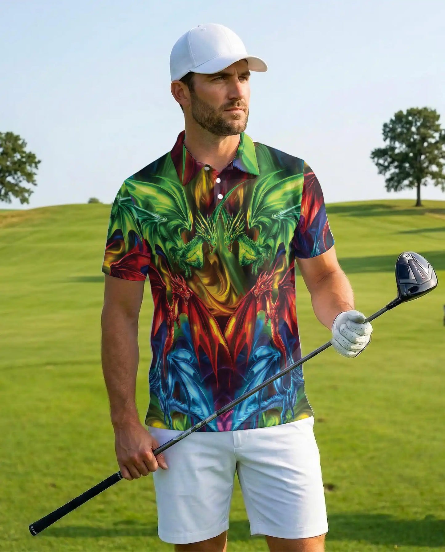 Colorful Fantasy Dragon Polo Shirt for Men - Fire Ice Mythical Dragon | Netecom