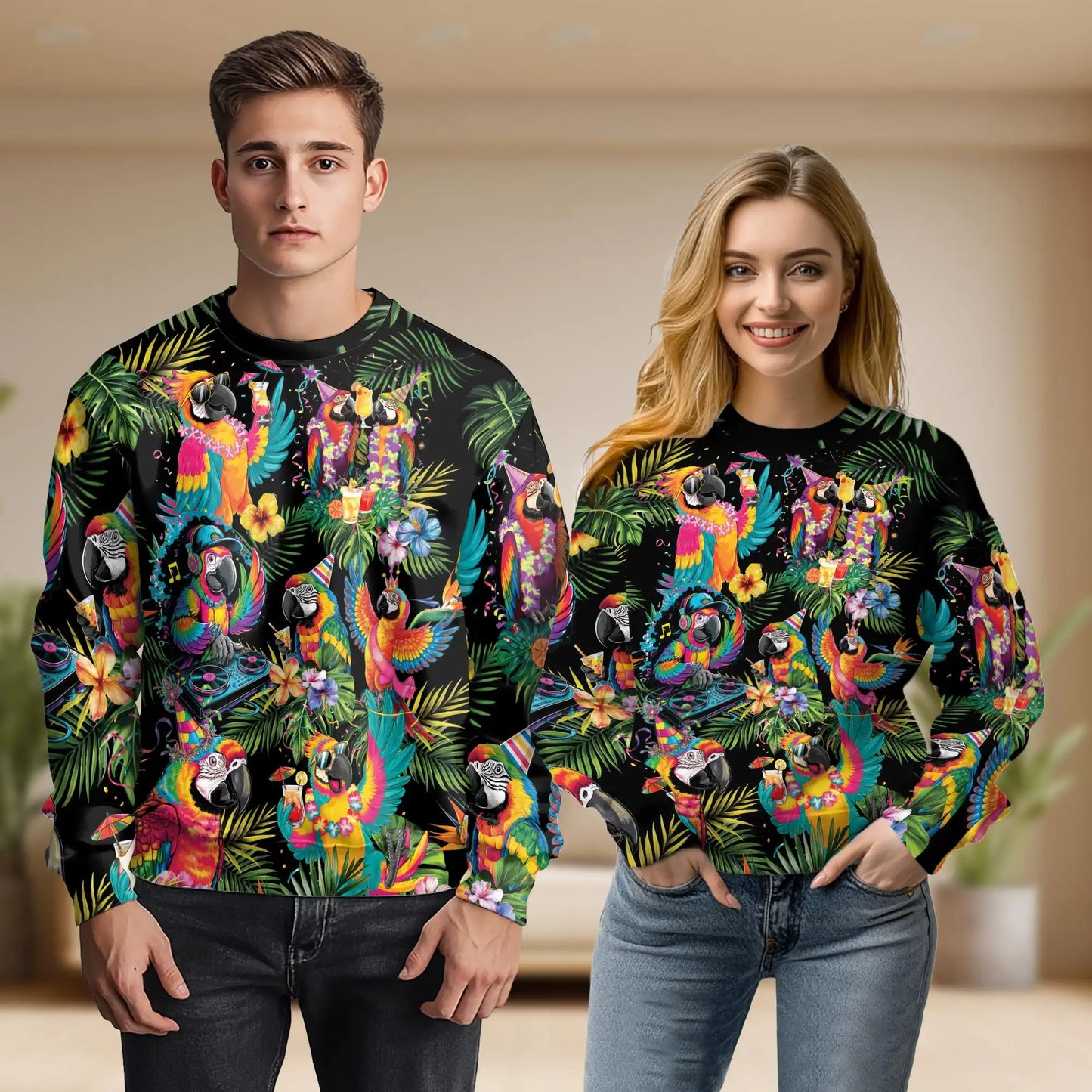 DJ Parrot Tropical Pattern Sweatshirt, 3D All Over Print Colorful Music Bird Crewneck Pullover for Men Women, Parrot Lover Gift - Netecom