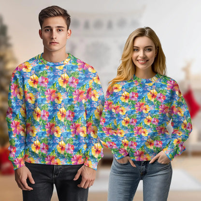 Blue Hibiscus Seas Sweatshirt, 3D All Over Print Tropical Floral Ocean Crewneck Pullover for Men Women, Beach Lover Gift - Netecom