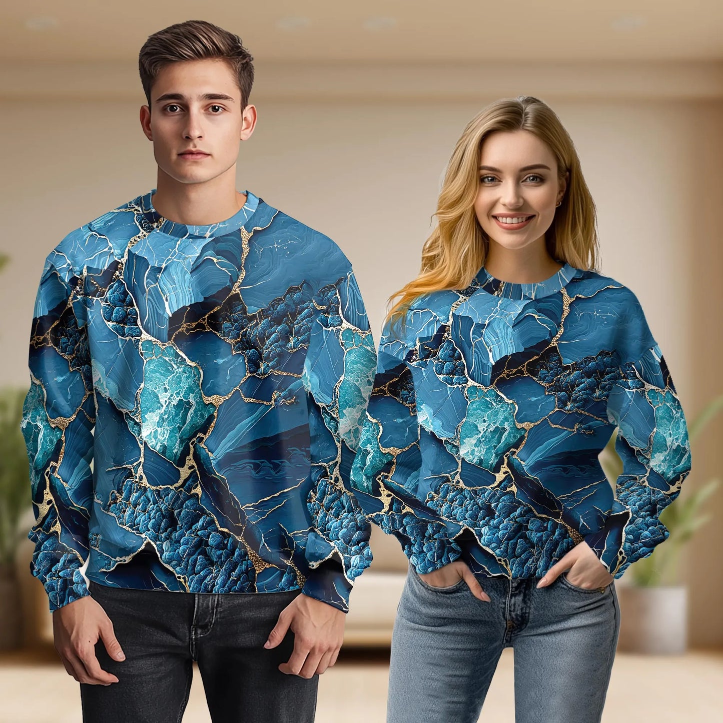 Blue Gold Liquid Marble Sweatshirt, 3D All Over Print Abstract Luxury Pattern Crewneck Pullover for Men Women, Marble Art Lover Gift - Netecom