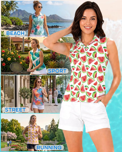 Watermelon Pattern Sleeveless Polo Shirt for Women | Netecom