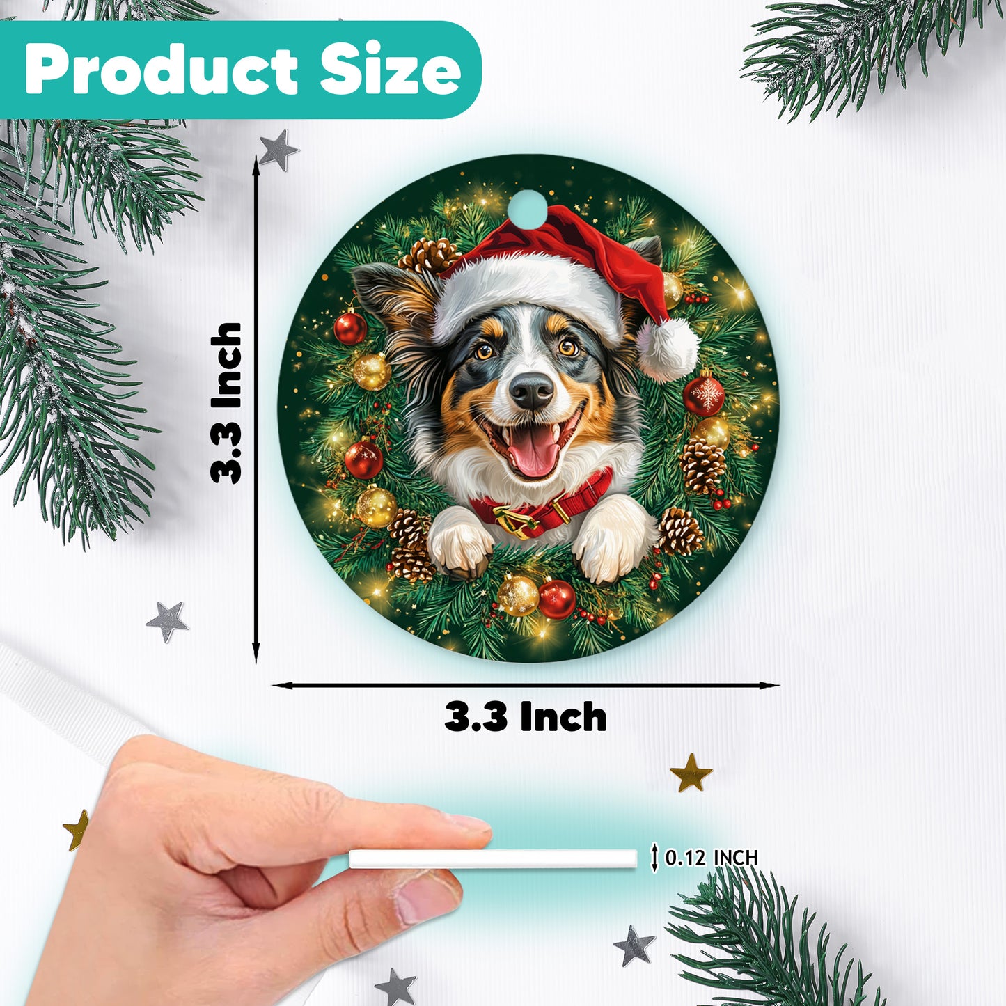 Netecom Cute Australian Shepherd Christmas Ornament, Dog Santa Hat Ceramic Ornament for Xmas Tree Hanging Decorations Gift, Puppy Lover Gifts, Home Decor, Holiday Party Present