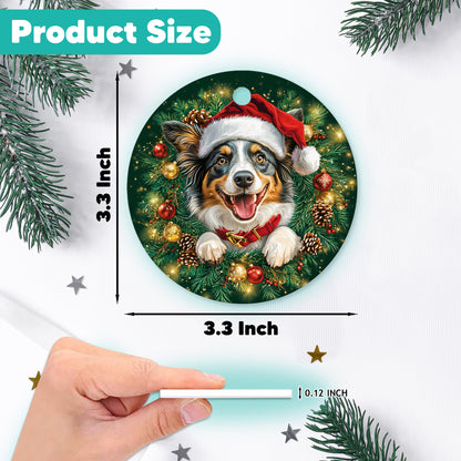 Netecom Cute Australian Shepherd Christmas Ornament, Dog Santa Hat Ceramic Ornament for Xmas Tree Hanging Decorations Gift, Puppy Lover Gifts, Home Decor, Holiday Party Present