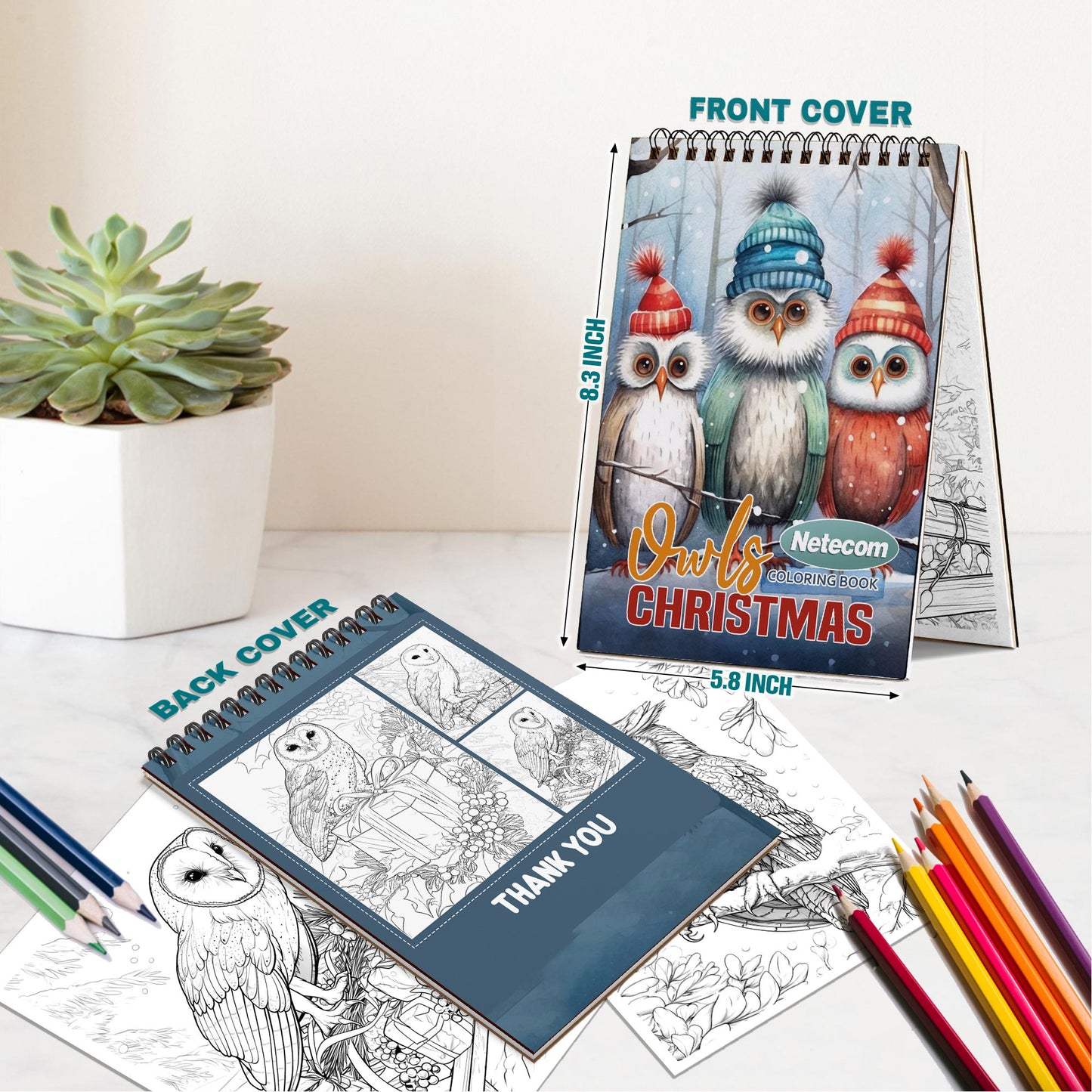 Netecom Christmas Owls Spiral Bound Coloring Book For Adults