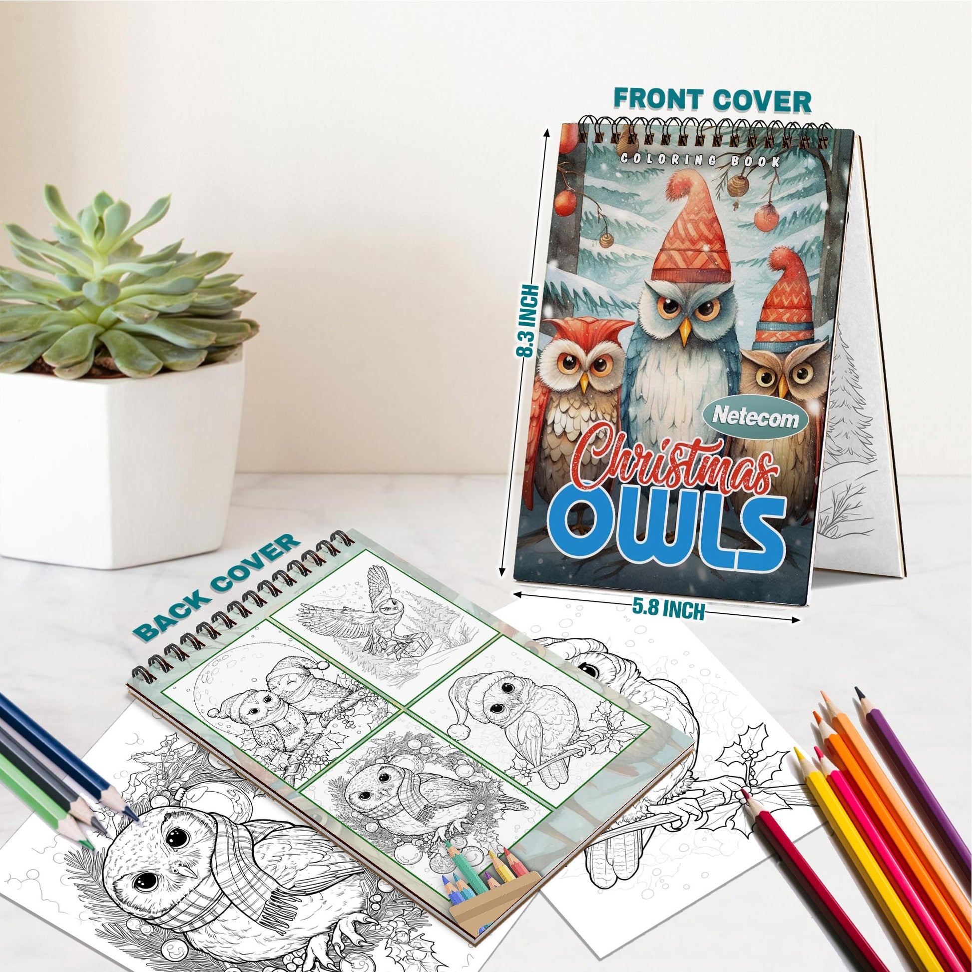 Netecom Christmas Owls Spiral Bound Coloring Book For Adults
