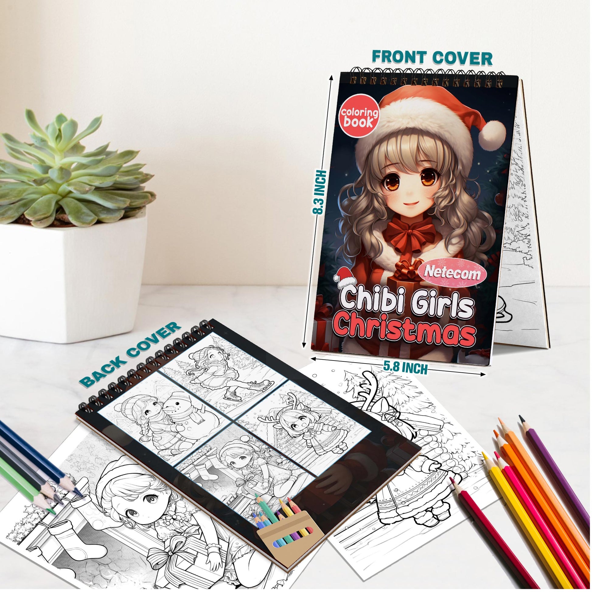 Netecom Chibi Girls Christmas Spiral Bound Coloring Book For Adults