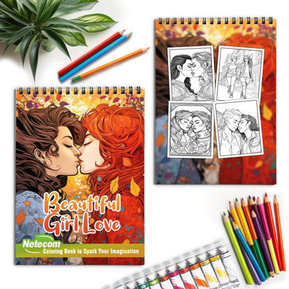 Beautiful Girl Love Spiral Bound Coloring Book, Explore the Colors of Love with 30 Enchanting Pages, Where Lesbian Partners Share Their Unique and Beautiful Bonds.