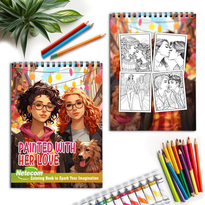 Painted With Her Love Spiral Bound Coloring Book, Unleash Your Creativity with 30 Charming Pages Filled with Heartfelt Moments of Lesbian Romance and Togetherness.