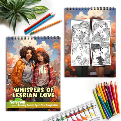 Whispers of Lesbian Love Spiral Bound Coloring Book, Embrace the Tender Moments of Lesbian Love Stories with 30 Captivating Coloring Scenes of Loving Couples.