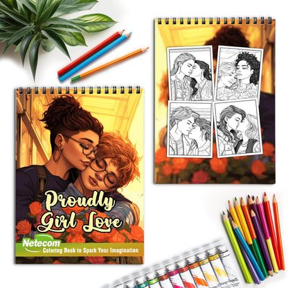 Proudly Girl Love Spiral Bound Coloring Book, Unleash Your Creativity with 30 Charming Pages Filled with Heartfelt Moments of Lesbian Romance and Empowerment.