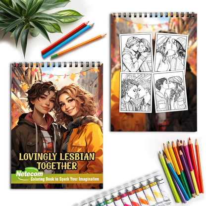 Lovingly Lesbian Together Spiral Bound Coloring Book, Embrace the Beauty of Togetherness with 30 Captivating Coloring Scenes of Loving Lesbian Couples.