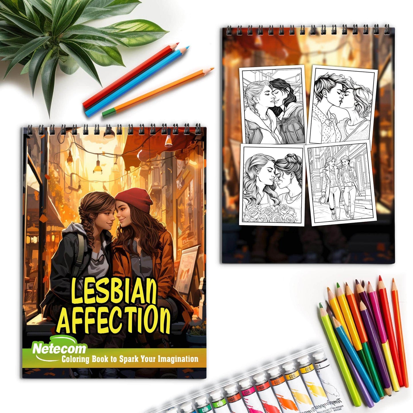 Lesbian Affection Spiral Bound Coloring Book, Embrace the Beauty of Romance with 30 Captivating Coloring Scenes of Loving Lesbian Couples.