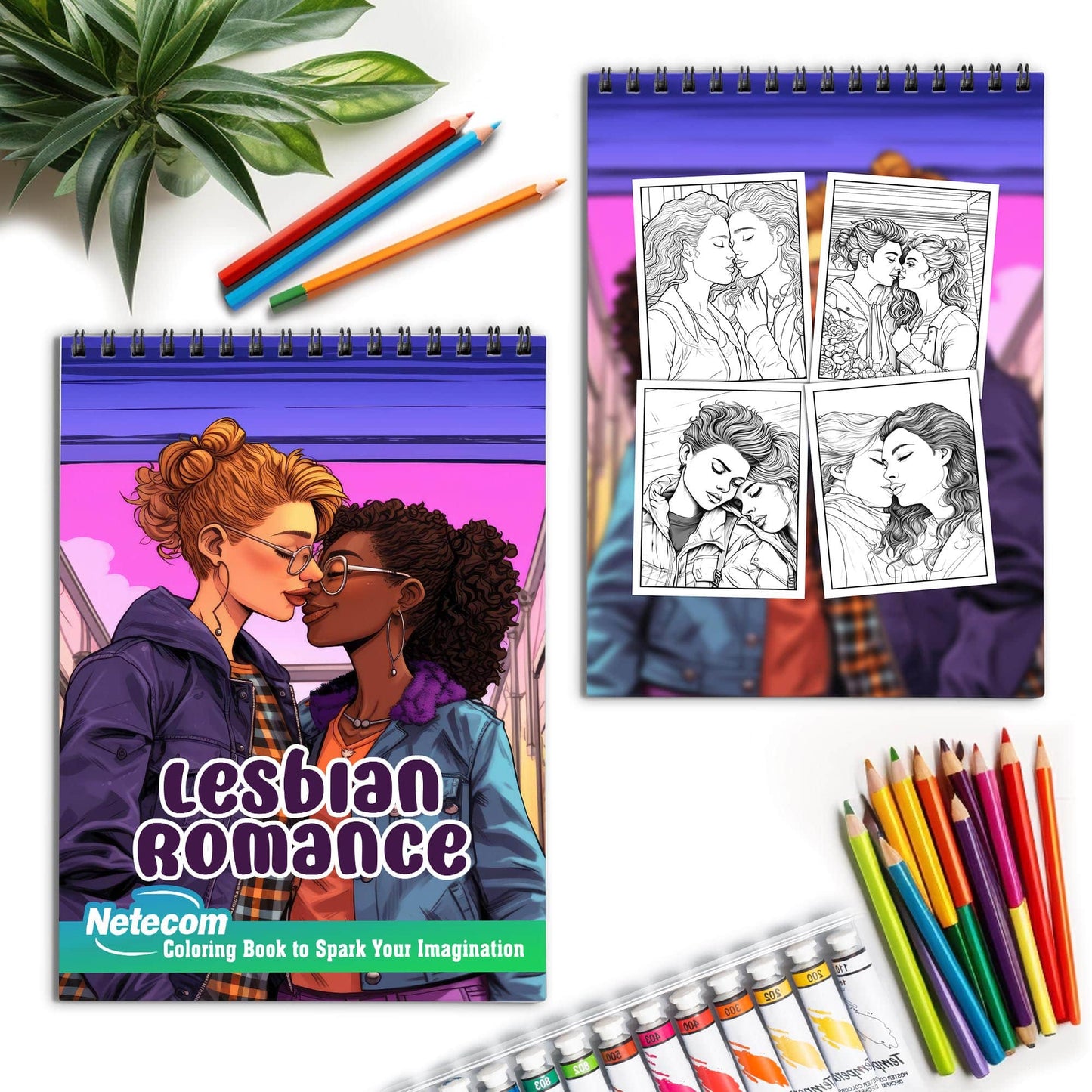 Lesbian Romance Spiral Bound Coloring Book, Unleash Your Creativity with 30 Charming Pages Filled with Heartfelt Moments of Lesbian Romance.