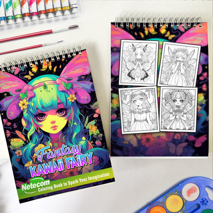 Fantasy Kawaii Fairy Spiral Bound Coloring Book, Embark on a Coloring Journey with 30 Pages, Featuring Adorable Kawaii Fairies in Magical Settings