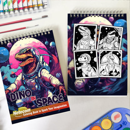 Dino In Space Spiral Bound Coloring Book, Unleash Your Creativity with 30 Mesmerizing Dino in Space Coloring Designs