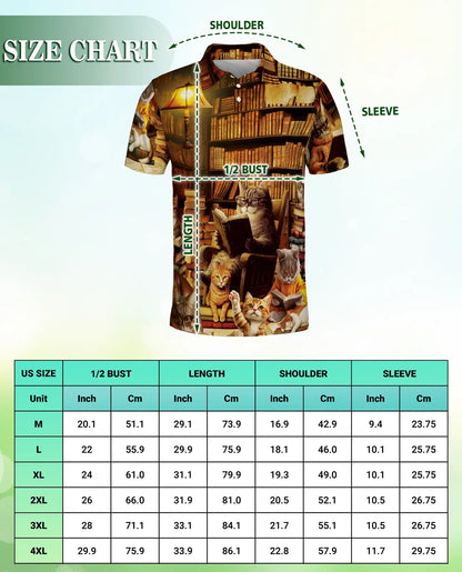 Cat Library Polo Shirt – Cozy Reading Room Print | Netecom