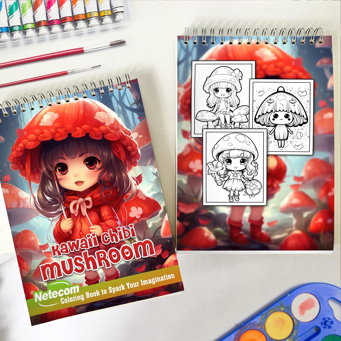 Kawaii Chibi Mushroom Spiral Bound Coloring Book, Embark on a Coloring Journey with 30 Kawaii Chibi Mushroom Designs