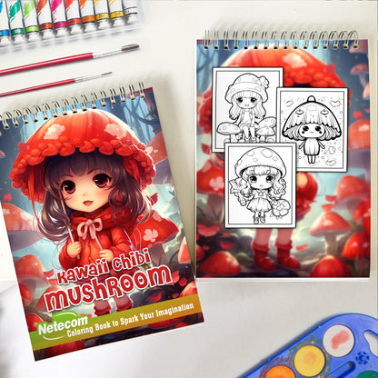 Kawaii Chibi Mushroom Spiral Bound Coloring Book, Embark on a Coloring Journey with 30 Kawaii Chibi Mushroom Designs