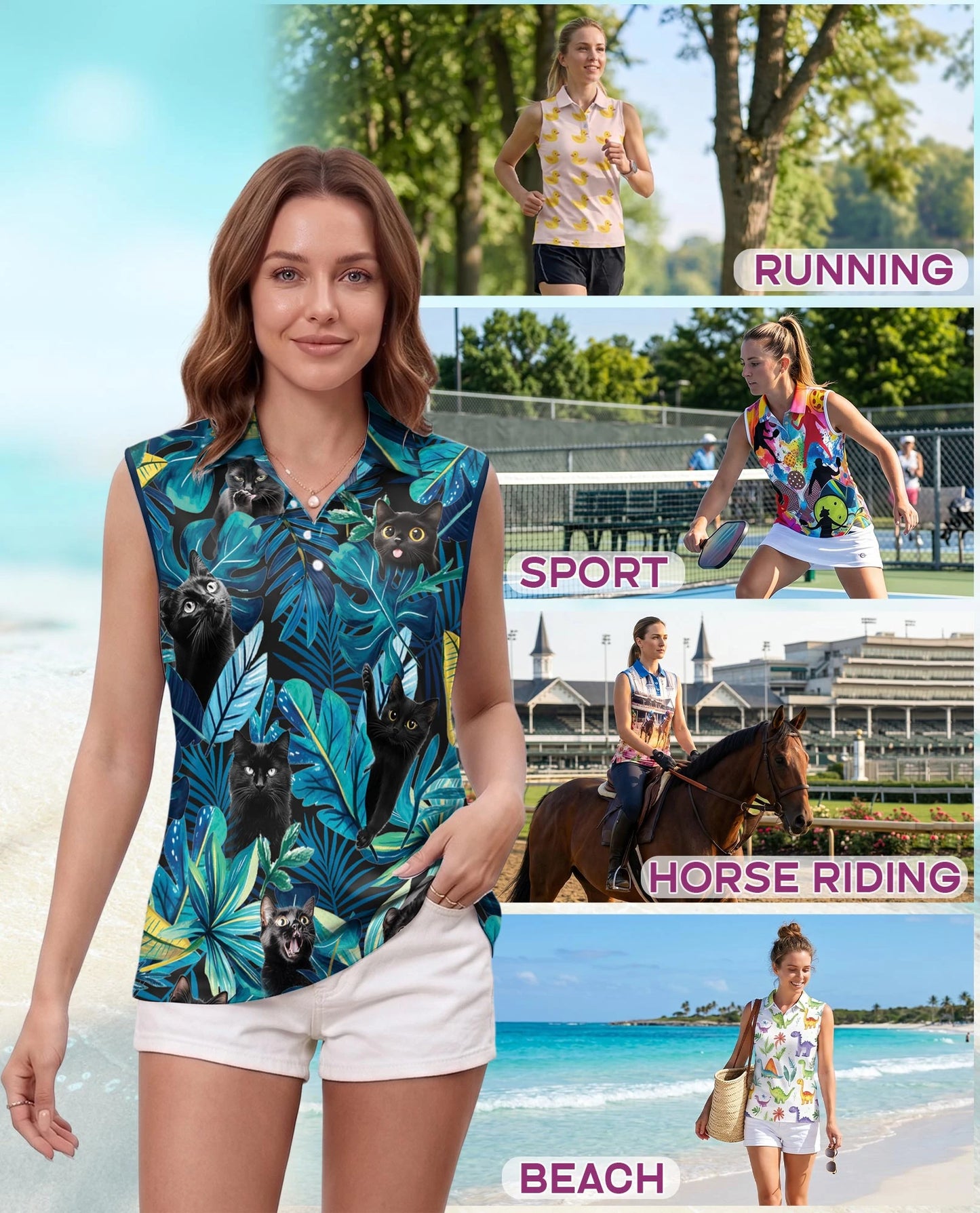 Black Cat Tropical Leaf Sleeveless Polo Shirt for Women | Netecom