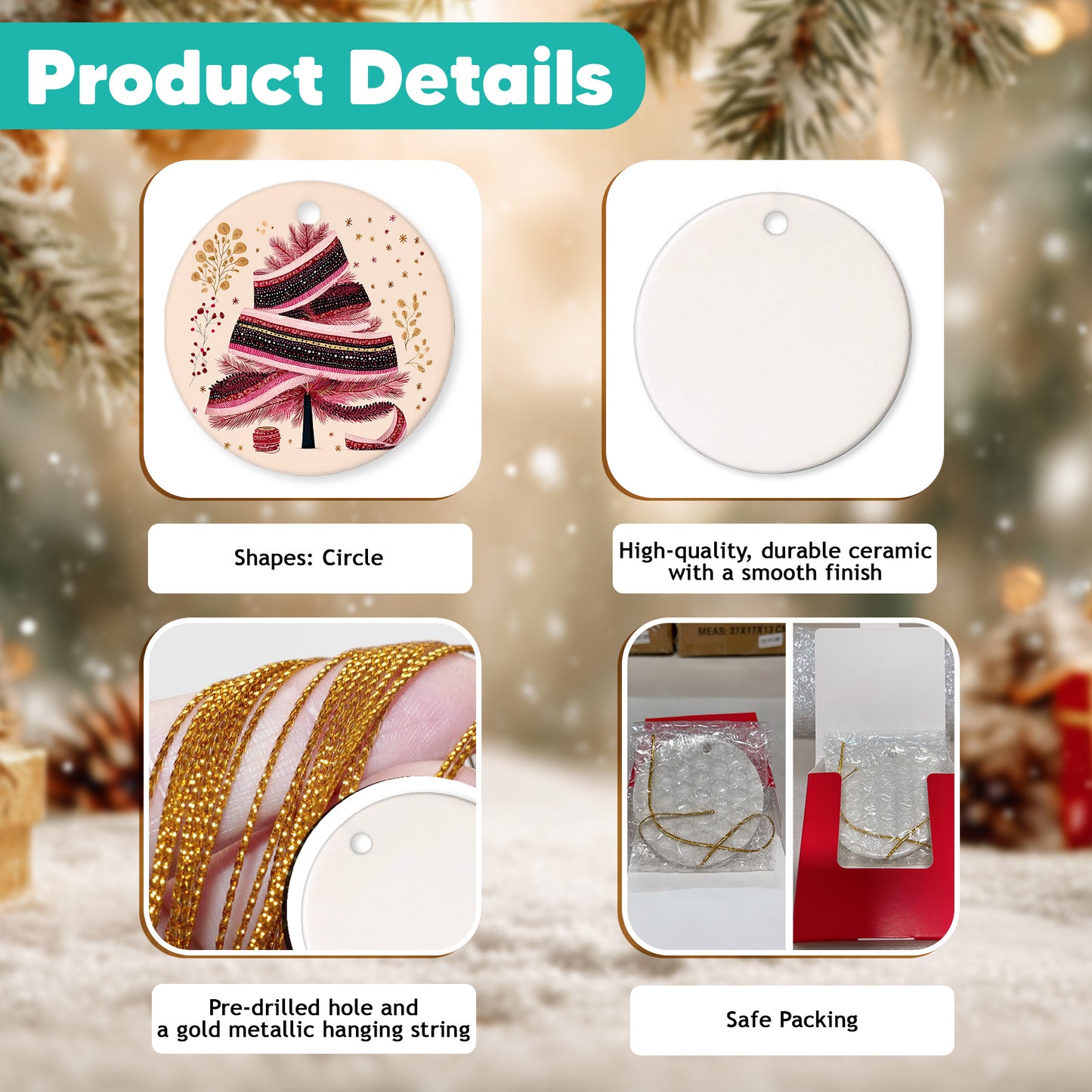 Netecom Elegant Pink Ribbon Christmas Tree Sign Ornament, Merry Christmas Ceramic Ornament for Xmas Tree Hanging Decorations Gift, Gifts for Friends & Family, Holiday Party Present