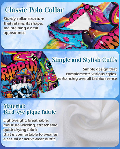 Trippy Psychedelic Skull Polo Shirt for Men – Colorful Mushroom Art | Netecom