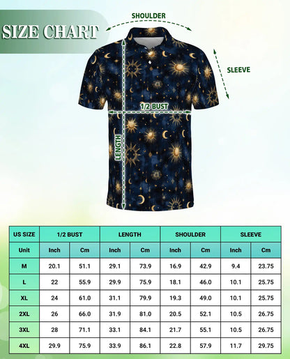 Celestial Sun Moon Polo Shirt for Men- Starry Night Pattern | Netecom