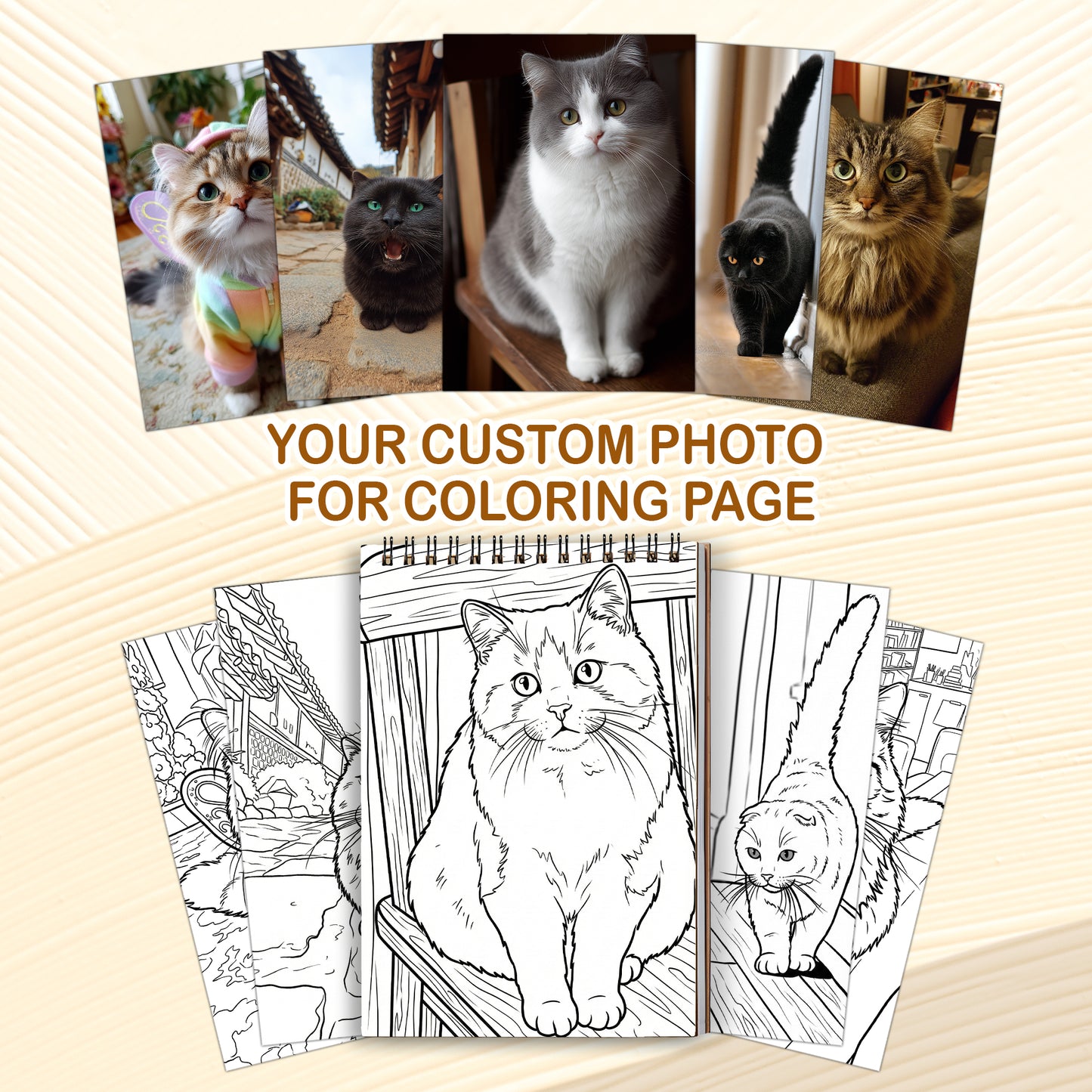 Personalized Cat Coloring Book for Adults – Custom Cat Line Art Coloring Pages from Photos, 12–48 Pages, Pet Memory Keepsake for Pet Lovers, Premium Wooden Cover, Spiral Binding