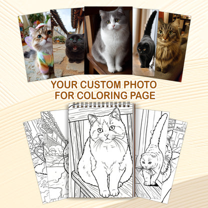 Personalized Cat Coloring Book for Adults – Custom Cat Line Art Coloring Pages from Photos, 12–48 Pages, Pet Memory Keepsake for Pet Lovers, Premium Wooden Cover, Spiral Binding