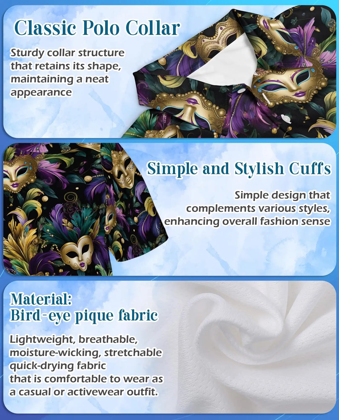 Mardi Gras Carnival Mask Hawaiian Polo Shirt for Men-Purple Green Gold Festival Party Shirt | Netecom