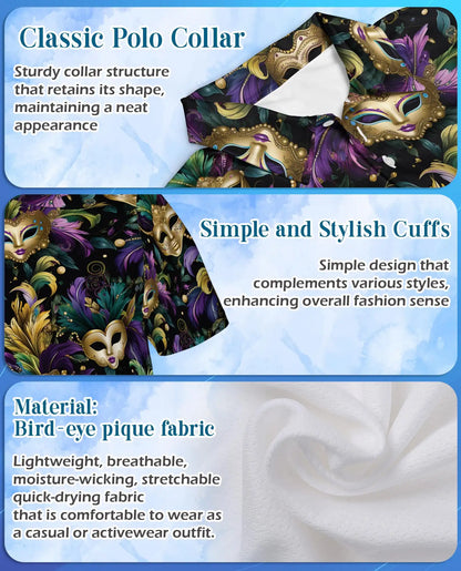 Mardi Gras Carnival Mask Hawaiian Polo Shirt for Men-Purple Green Gold Festival Party Shirt | Netecom