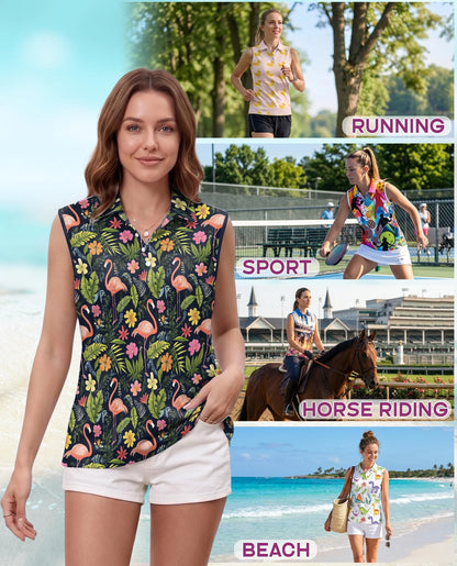 Flamingo Hibiscus Tropical Sleeveless Polo Shirt for Women | Netecom
