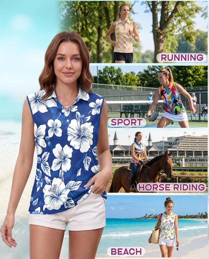 Tropical Hibiscus Blue Sleeveless Polo Shirt for Women | Netecom