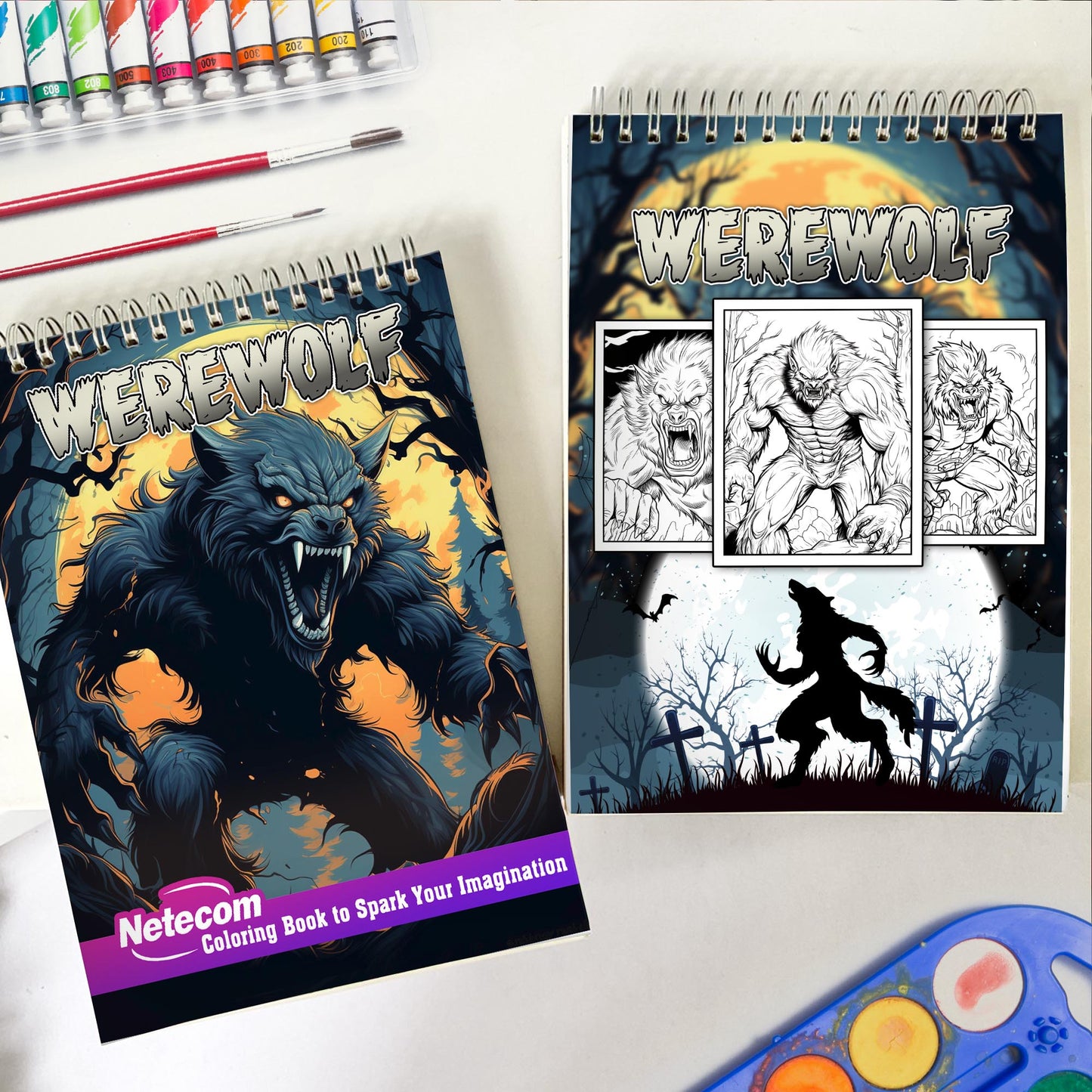 Werewolf Spiral Bound Coloring Book, Mysterious Moonlight with 30 Delightful Coloring Pages of Howling Werewolf Packs