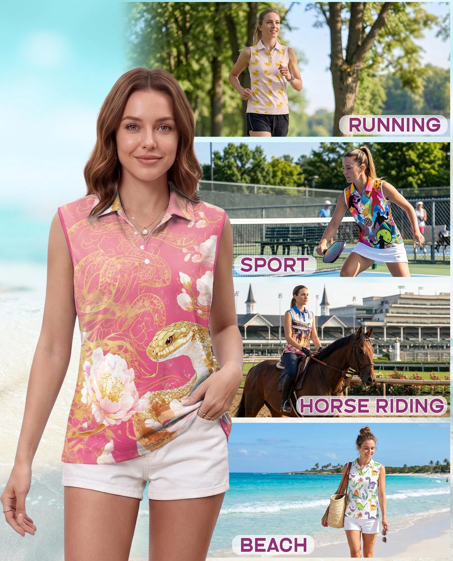 Snake and Peony Print Sleeveless Polo Shirt for Women | Netecom