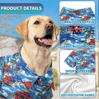 Netecom Matching Fire Truck Firefighter Hawaiian Shirt for Pet and Owner, Blue Aloha Summer Shirt, Fire Truck Palm Tree Print Outfit for Dog and Human, Casual Beach Vacation Wear