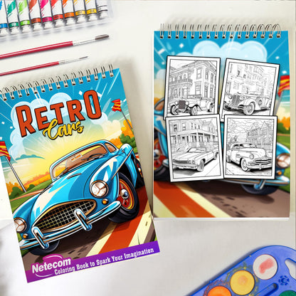 Retro Cars Spiral Bound Coloring Book, Dive into the Retro Cars Coloring Book with 30 Nostalgic Illustrations of Classic Automobiles