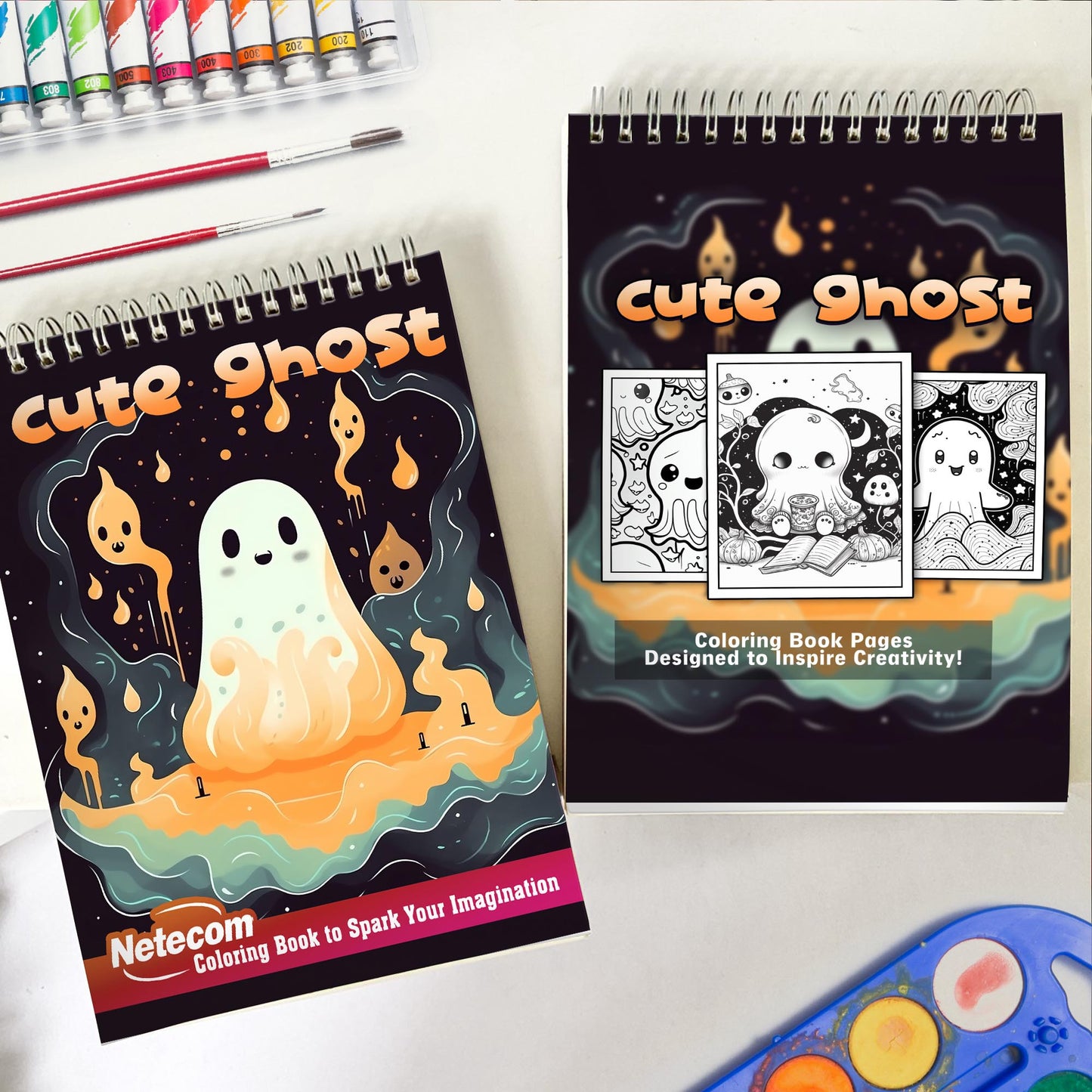 Cute Ghost Spiral Bound Coloring Book, Embrace the Adorable with 30 Coloring Pages, Depicting Cute Ghosts in Whimsical Scenes