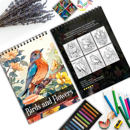 Birds And Flower Spiral Bound Coloring Book, Exquisite Birds and Flowers for a Relaxing and Artistic Journey, Perfect for Nature Enthusiasts and Bird Lovers