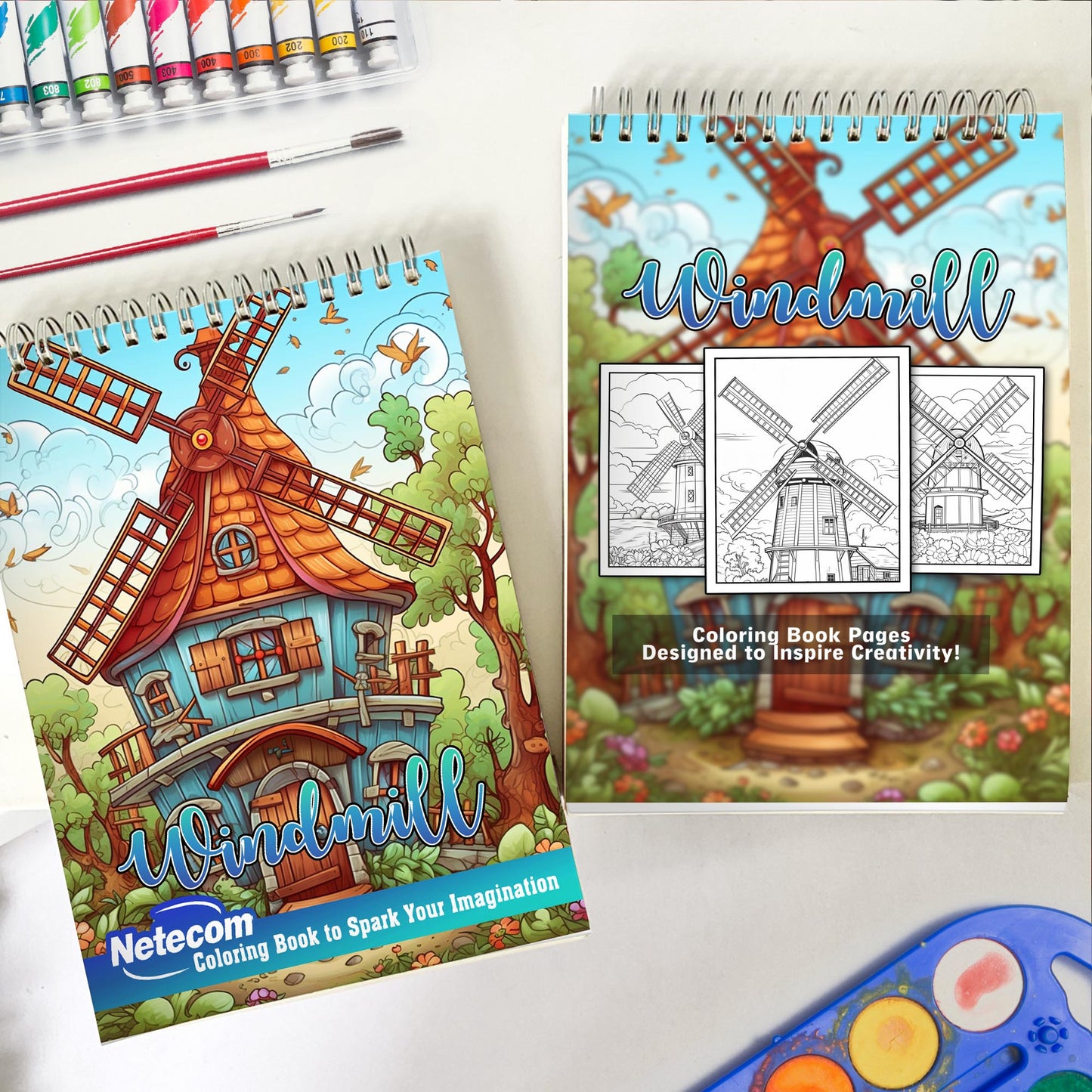 Windmill Spiral Bound Coloring Book, Unleash Your Creativity with 30 Coloring Pages, Featuring Delightful Windmills in Picturesque Rural Settings