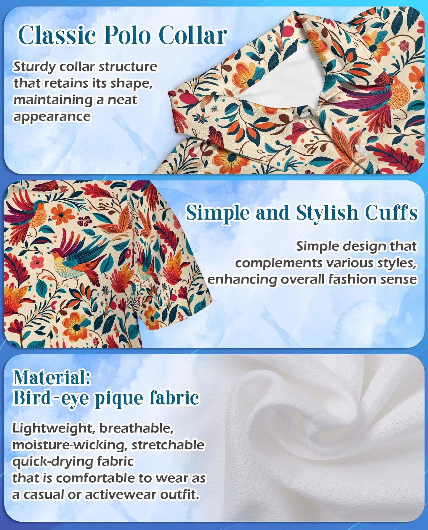Colorful Tropical Bird Polo Shirt - Floral Folk Art Nature Pattern | Netecom