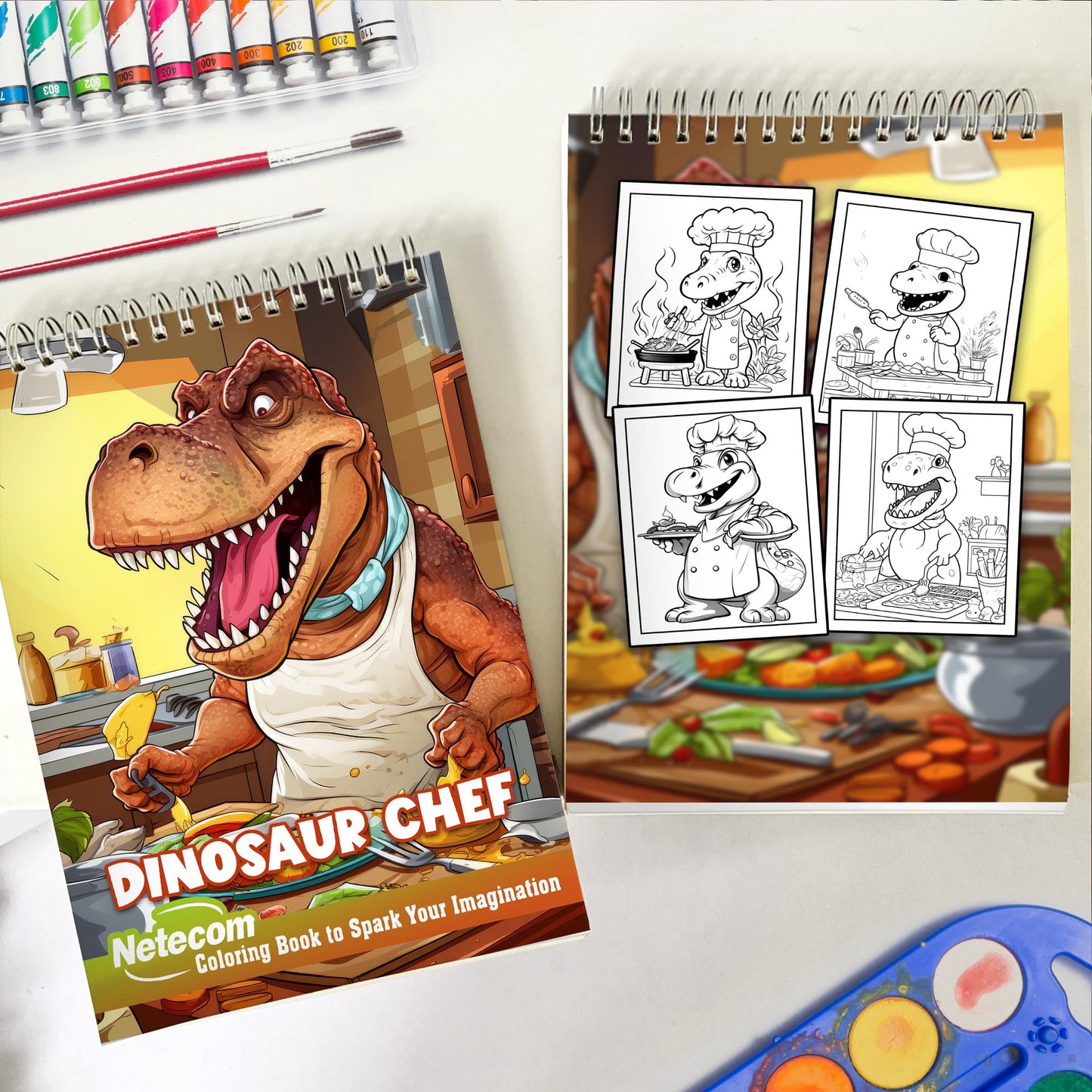 Dinosaur Chef Spiral Bound Coloring Book, Unleash Your Imagination with 30 Enchanting Coloring Pages, Merging the Prehistoric and the Culinary in Whimsical Dinosaurs