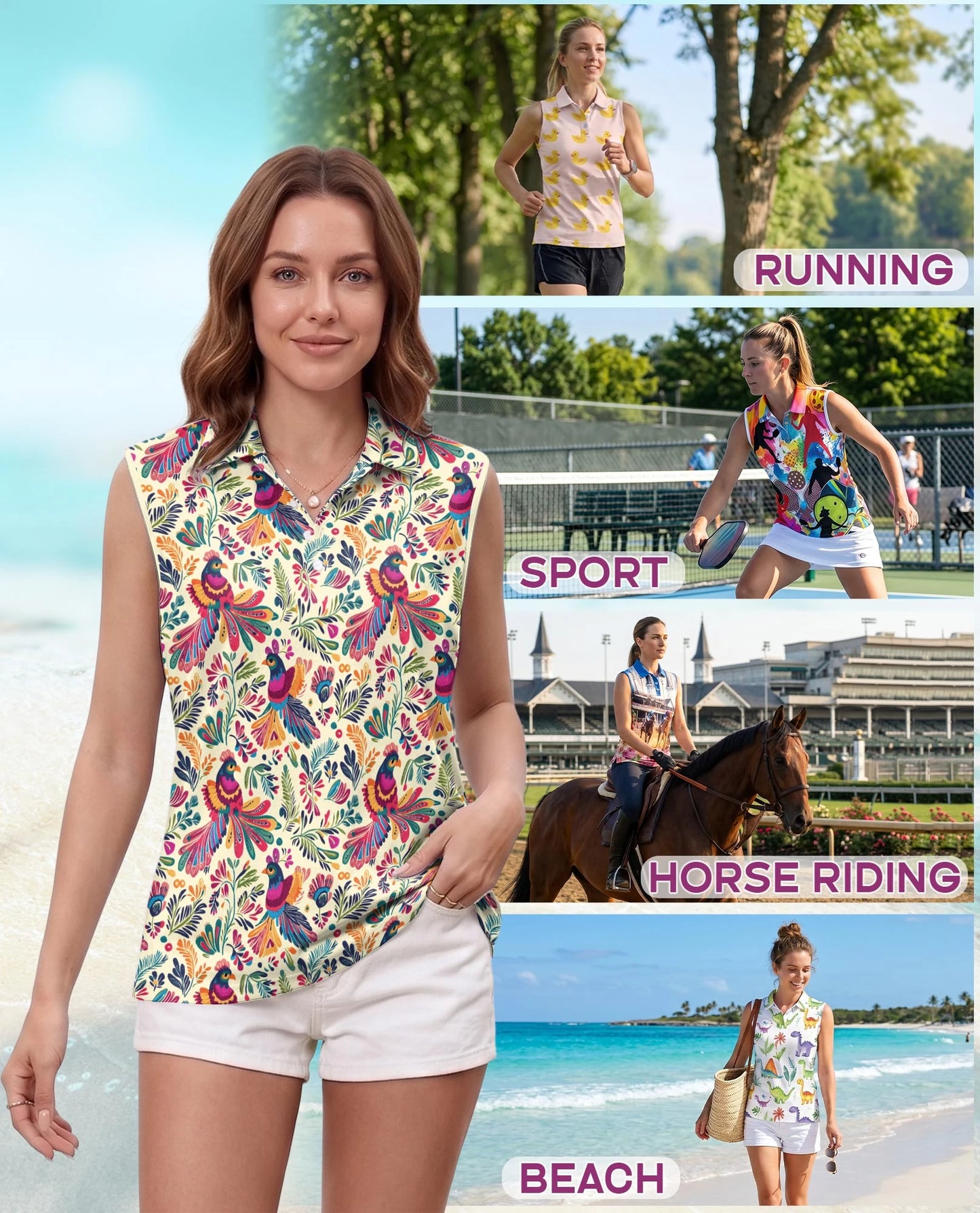 Folk Art Tropical Bird Sleeveless Polo Shirt for Women | Netecom