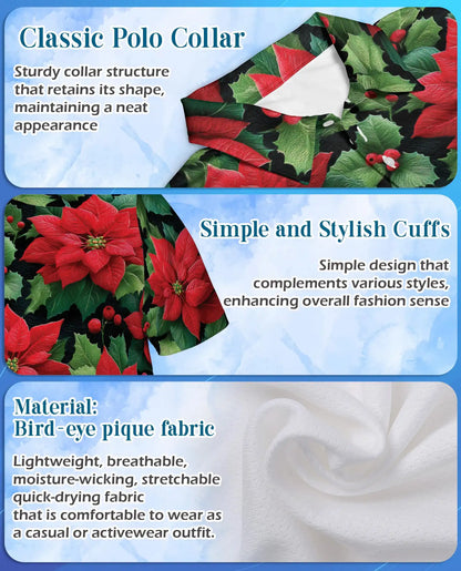 Poinsettia Christmas Polo Shirt - Holiday Floral Winter Botanical Design | Netecom