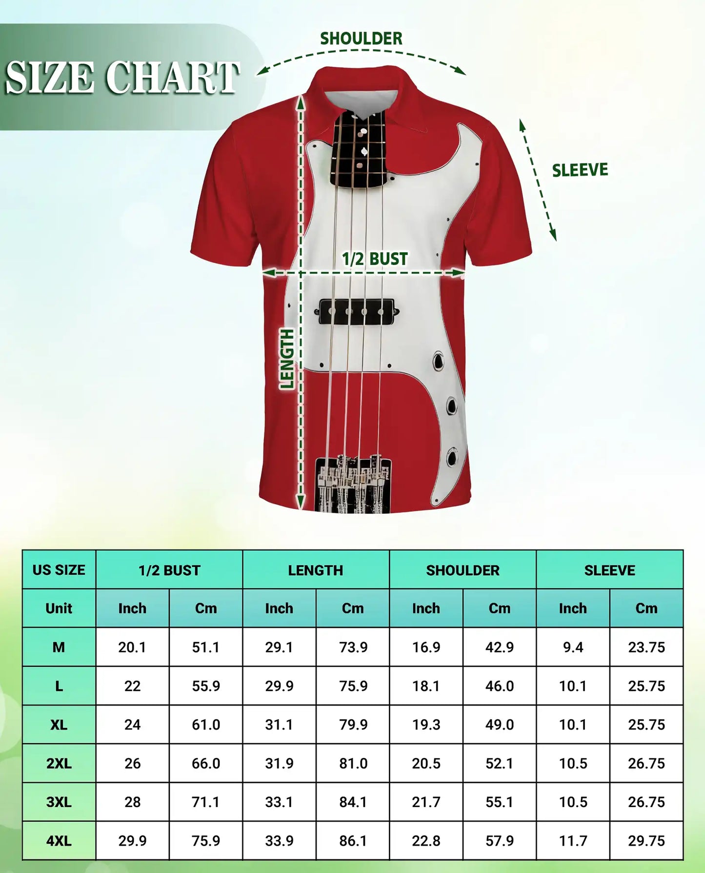 Red Bass Guitar 3D Polo Shirt for Men – Rock Music Instrument Style | Netecom