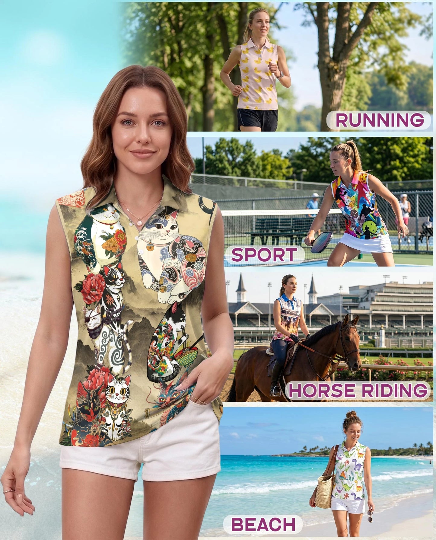 Japanese Cat Tattoo Sleeveless Polo Shirt for Women | Netecom